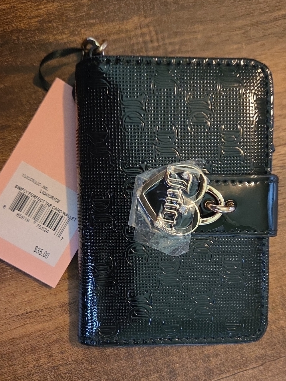 Juicy Couture Black Patent Card Wallet with Heart Logo Charm